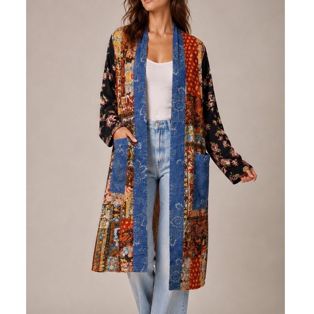 Free People Songbird Patchwork Duster Kimono Jacket Size XS Floral Paisley